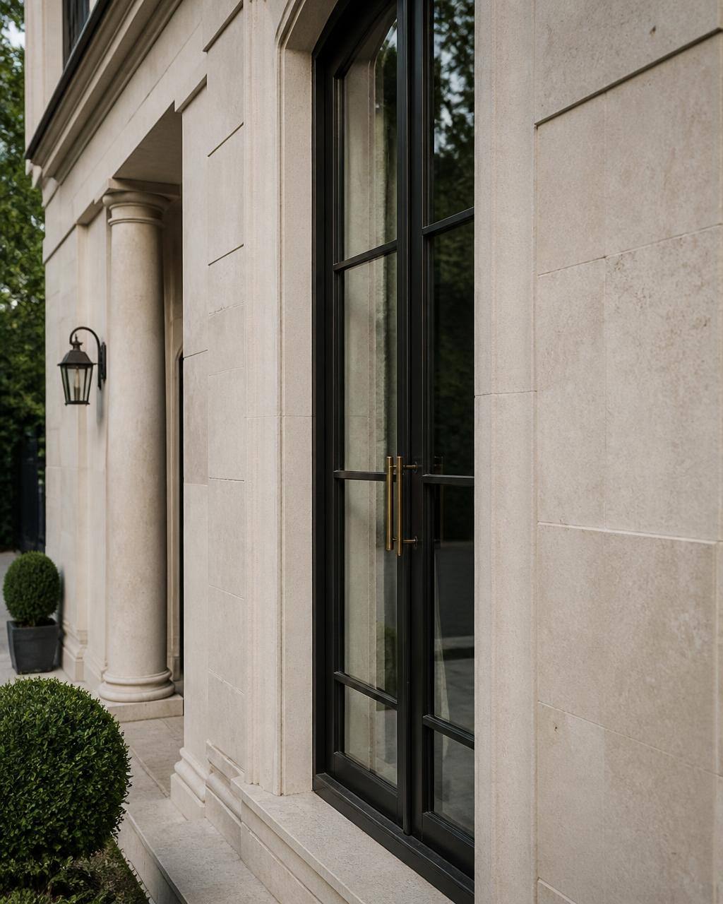 Architekturdetail einer hochwertigen privaten Immobilie: Natursteinfassade mit dunklem Fensterrahmen