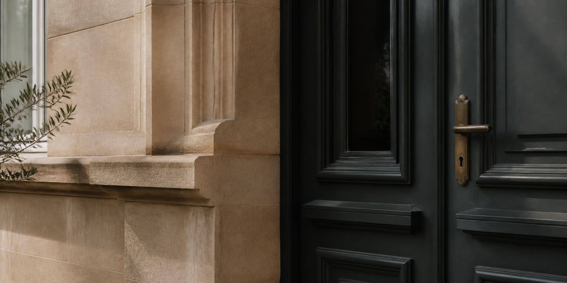 Architekturdetail: Natursteinfassade und dunkle Haustür mit Messinggriff